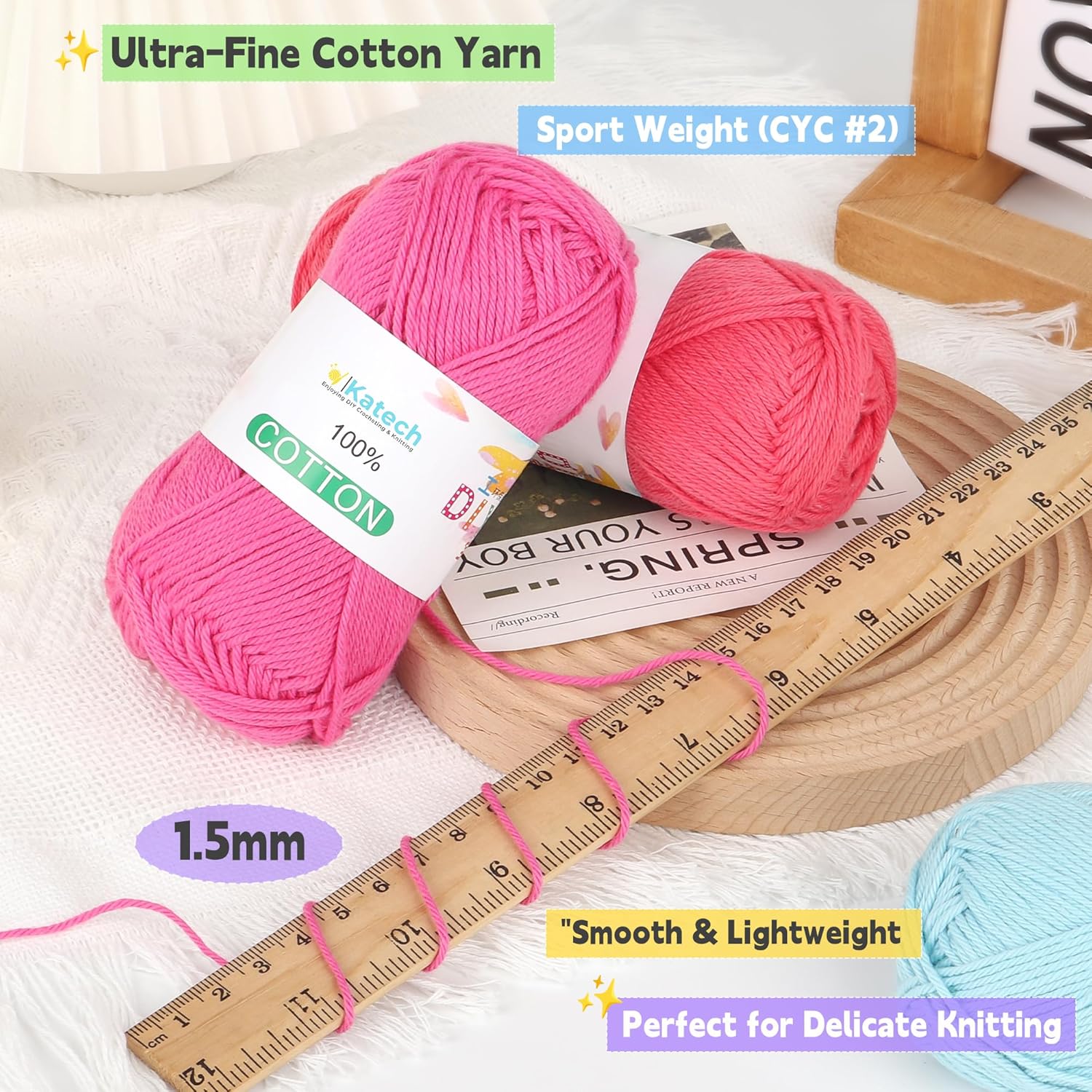 Katech 1OO% Cotton Yarn for Crocheting & Knitting–12-Color of 137 Yards/1.76 oz Baby Cotton Yarn Sport Weight CYC #2-Soft & Breathable-Ideal for Dishcloths. Baby Clothes. Potholders - Image 5