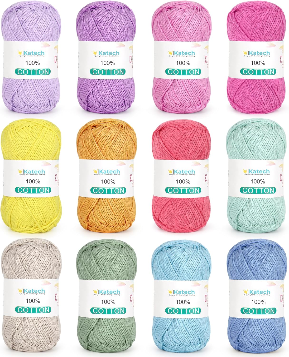 Katech 1OO% Cotton Yarn for Crocheting & Knitting–12-Color of 137 Yards/1.76 oz Baby Cotton Yarn Sport Weight CYC #2-Soft & Breathable-Ideal for Dishcloths. Baby Clothes. Potholders